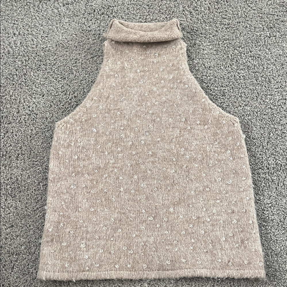 Zara Elegant Tan Jeweled Sleeveless Sweater